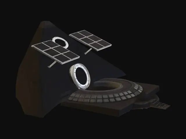 3D model for 3D render, exterior view of a buried pyramid habitat on Mars. Only top third visible
above red-orange dusty surface. Dark sintered regolith texture, circular airlock
hatch at the tip, two flat solar panels deployed nearby. Subtle horizontal seam
lines on exposed surface. Martian sunset lighting, reddish sky, long shadows,
cinematic low angle. Photorealistic sci-fi concept art, ultra detailed. --ar 16:9