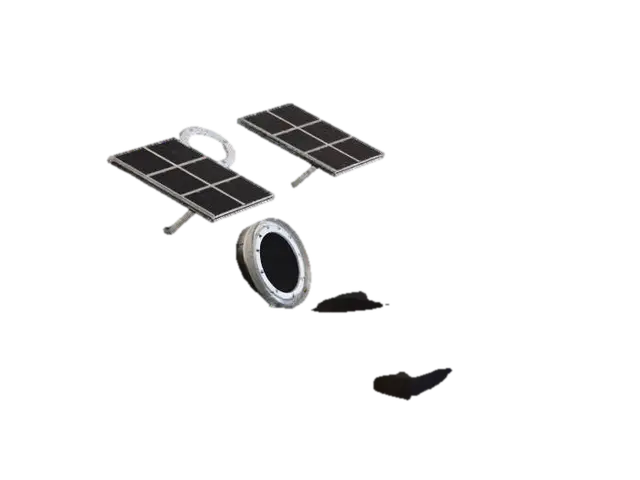 3D model for 3D render, exterior view of a buried pyramid habitat on Mars. Only top third visible
above red-orange dusty surface. Dark sintered regolith texture, circular airlock
hatch at the tip, two flat solar panels deployed nearby. Subtle horizontal seam
lines on exposed surface. Martian sunset lighting, reddish sky, long shadows,
cinematic low angle. Photorealistic sci-fi concept art, ultra detailed. --ar 16:9
