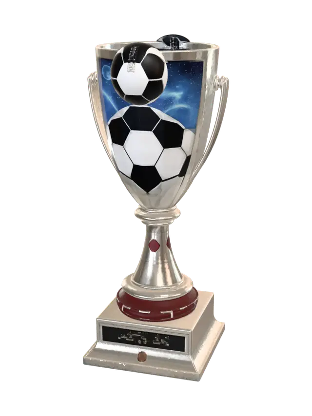 3D model for the trophy will be on a platinum base and it shall have ruby lining. The thing on the base shall be a square with the texture of the universe and it also shall look like that a football shall come, shooting out of the universe