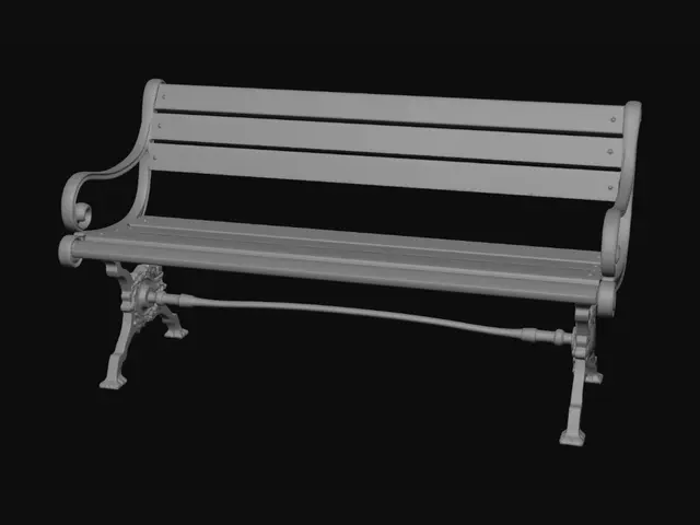 3D model for 1930s colonial era park bench,
traditional wooden park bench,
dark wooden slats,
cast iron legs and armrests,
ornate iron frame details,
aged weathered dark wood,
classic vintage bench design,
worn wooden surface,
realistic, detailed,
standalone single bench,
no modern elementsno modern plastic bench,
no metal only bench,
no concrete bench,
no cartoon style,
no people,
no modern elements