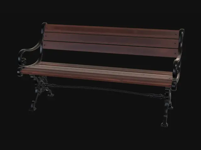 3D model for 1930s colonial era park bench,
traditional wooden park bench,
dark wooden slats,
cast iron legs and armrests,
ornate iron frame details,
aged weathered dark wood,
classic vintage bench design,
worn wooden surface,
realistic, detailed,
standalone single bench,
no modern elementsno modern plastic bench,
no metal only bench,
no concrete bench,
no cartoon style,
no people,
no modern elements