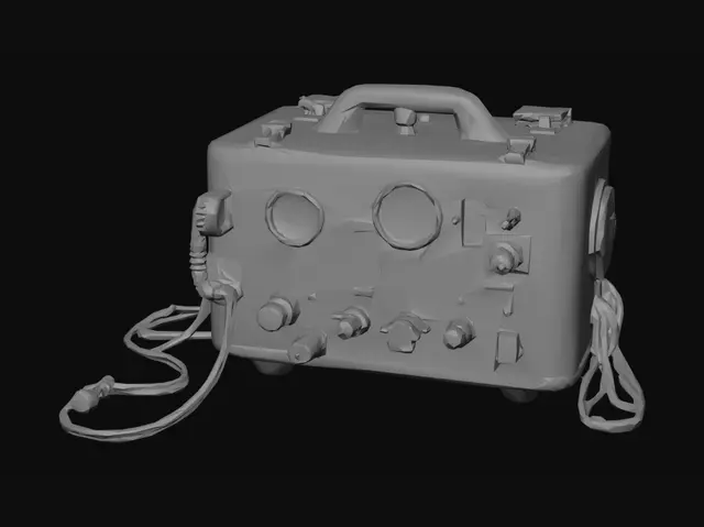 3D model for Old Soviet military medical defibrillator device, dirty orange plastic box, analog gauges, vintage switches and wires, weathered look, game ready asset