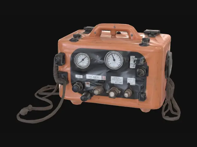 3D model for Old Soviet military medical defibrillator device, dirty orange plastic box, analog gauges, vintage switches and wires, weathered look, game ready asset