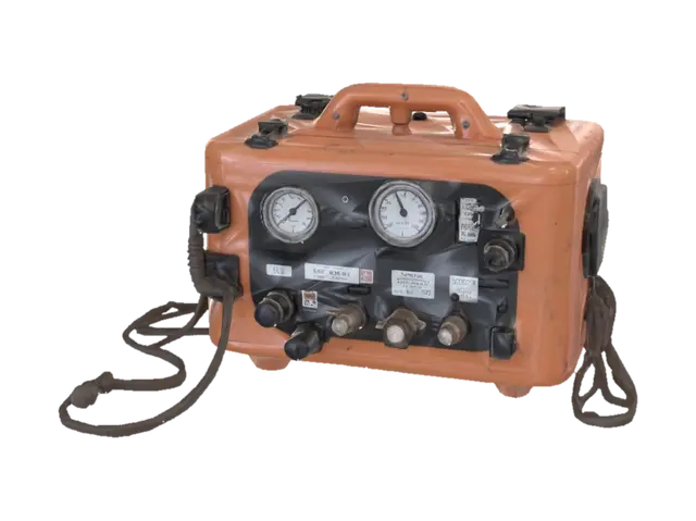 3D model for Old Soviet military medical defibrillator device, dirty orange plastic box, analog gauges, vintage switches and wires, weathered look, game ready asset