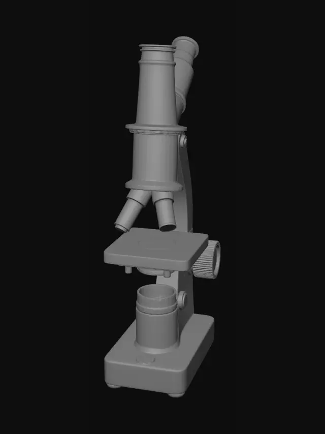 3D model for Vintage heavy metal laboratory microscope, 1970s Soviet tech, scratched paint, realistic glass lenses, game asset