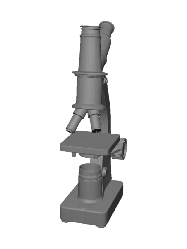 3D model for Vintage heavy metal laboratory microscope, 1970s Soviet tech, scratched paint, realistic glass lenses, game asset