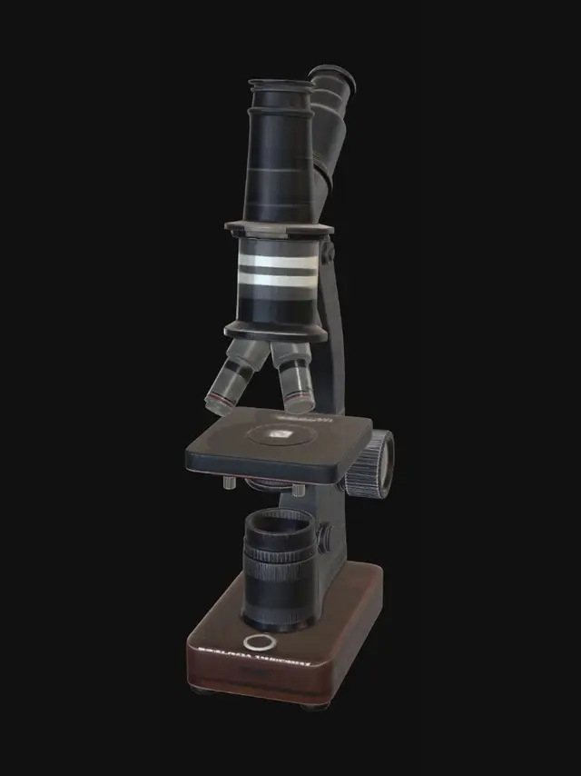 3D model for Vintage heavy metal laboratory microscope, 1970s Soviet tech, scratched paint, realistic glass lenses, game asset