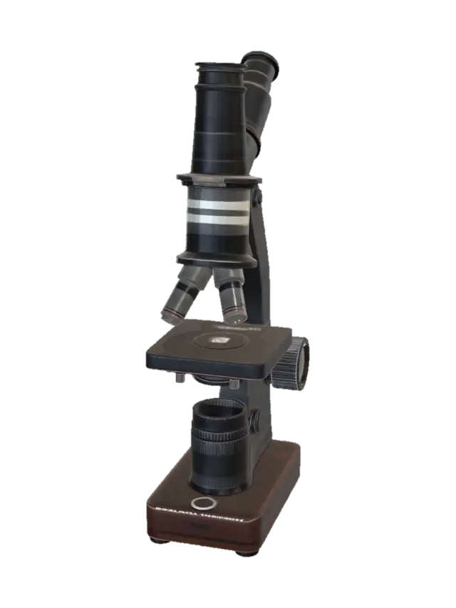 3D model for Vintage heavy metal laboratory microscope, 1970s Soviet tech, scratched paint, realistic glass lenses, game asset