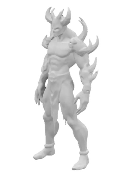 3D model for Stylized, Fantasy, Game Assets, Ultra Realistic, A-pose, Symmetrical Body, Full Body humanoid, on his head he have six little horns going backward, and 8 litlle skull from his back, muscular body