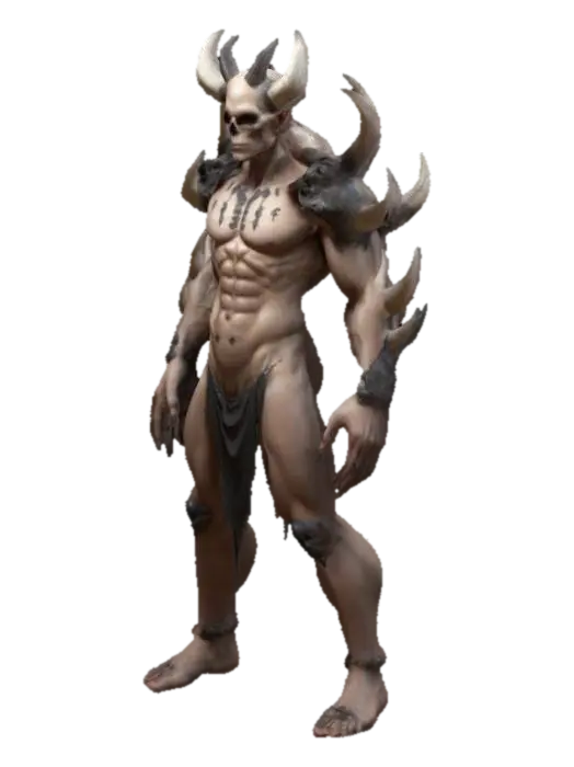 3D model for Stylized, Fantasy, Game Assets, Ultra Realistic, A-pose, Symmetrical Body, Full Body humanoid, on his head he have six little horns going backward, and 8 litlle skull from his back, muscular body