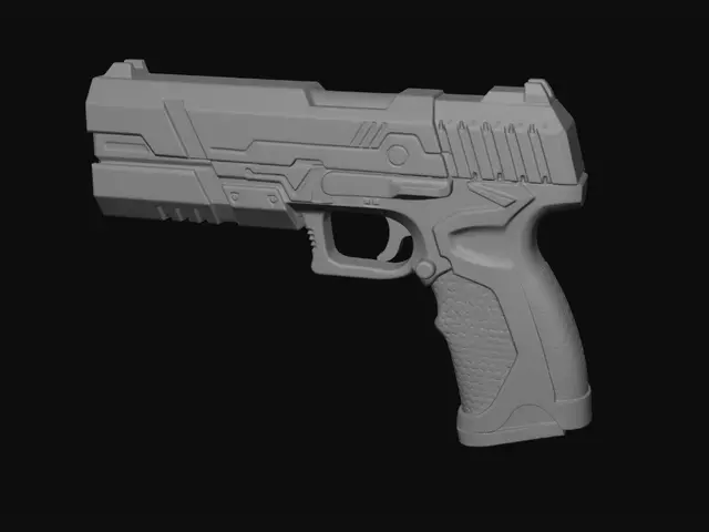 3D model for a comic style dark pistol with a scifi design twist over white background
