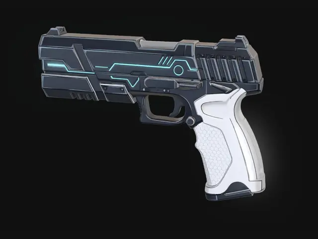 3D model for a comic style dark pistol with a scifi design twist over white background