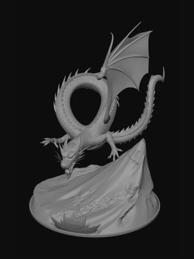 3D model for Un fondo volcánico con un dragón rojo carmesí estilo chino surcando el cielo