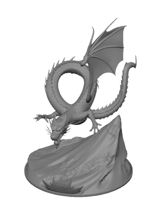 3D model for Un fondo volcánico con un dragón rojo carmesí estilo chino surcando el cielo