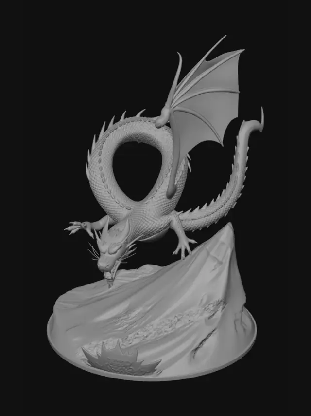 3D model for Un fondo volcánico con un dragón rojo carmesí estilo chino surcando el cielo