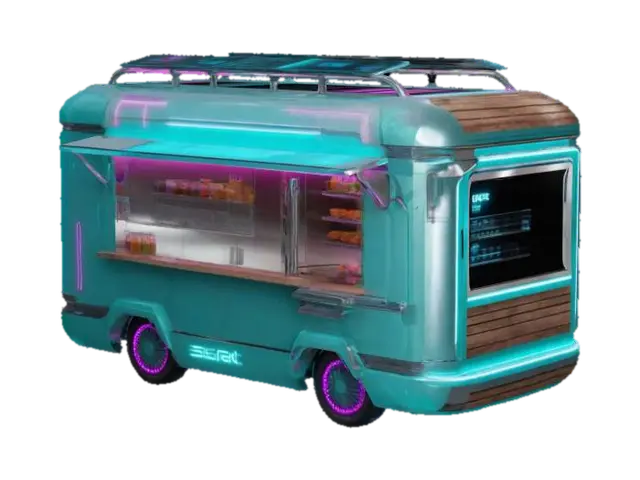 Modello 3D Subject: Futuristic food cart with a cyberpunk and Scandinavian minimalist design.… - Solar, generato dall’IA