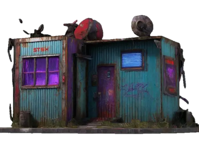 cyberpunk slum home; rusted corrugated metal walls (oxidation stains, dents),… - Grunge 3D model, vytvořený pomocí AI