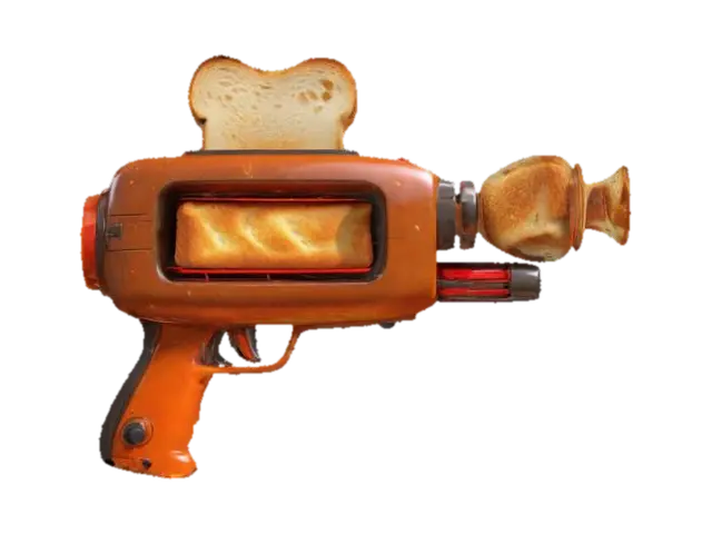 The Toast Blaster 🌀 Description: A sci-fi ray gun that fires superheated toast! The… - Chrome 3D model, vytvořený pomocí AI