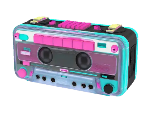 Object: A retro-futuristic cassette player Material: Polished chrome and… - Synthwave 3D model, vytvořený pomocí AI