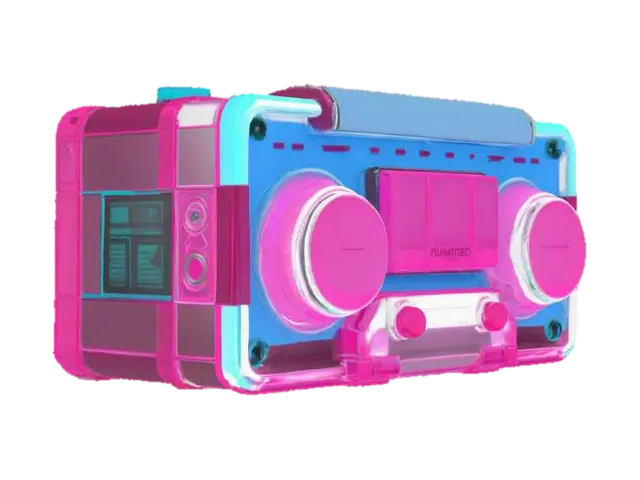 Object: A retro-futuristic cassette player Material: Polished chrome and… - Synthwave 3D model, vytvořený pomocí AI