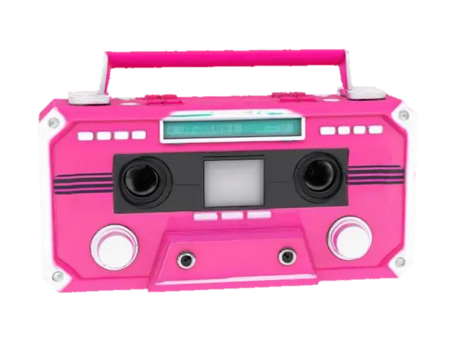 Object: A retro-futuristic cassette player Material: Polished chrome and… - Synthwave 3D model, vytvořený pomocí AI