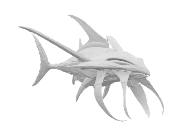 3D model for {
  "object": "Abyssal Mecha-Ray",
  "material": "Smooth, metallic plating with bioluminescent nodes and flexible synthetic skin",
  "shape_form": "Wide, manta ray-like body with mechanical wing flaps and multiple articulated tentacles",
  "color_scheme": "Dark steel gray with cyan and electric blue glowing accents",
  "texture_details": "Sleek, polished metal with visible rivets and faint scratches; synthetic skin with a wet, glossy finish and soft luminescent patches",
  "style": "Realistic with a sci-fi biomechanical aesthetic",
  "environment_use_context": "Gliding through the deep ocean, surrounded by otherworldly aquatic life and shipwreck debris",
  "reference_models": ["Mechanical Stingray", "Alien Aquatic Drone"]
}
