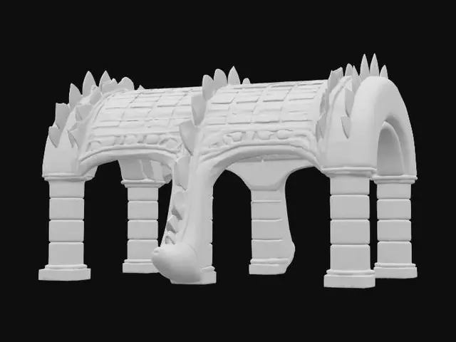 3D model for Object: Architectural archway pavilion shaped like a friendly cartoon dinosaur
Material: Reinforced concrete frame with tinted glass infill panels, anodized aluminum trim
Shape/Form: Single sweeping arch spine (10 m span) echoing a sauropod’s back, evenly spaced “rib” columns, rounded snout entrance, tapering tail cantilever for shade
Color Scheme: Soft pastel-green exterior skin, warm-white interior soffits, sky-blue glass accents on rib gaps
Texture Details: Smooth cast-in-place concrete, subtle panel joints; matte aluminum trim; low-gloss glass surfaces
Style: Cartoon-inspired yet functional architectural structure, low-poly massing with clean planar facets
Reference Models: Structural rhythm similar to Santiago Calatrava’s ribbed designs, but with proportions , #arch#