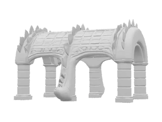 3D model for Object: Architectural archway pavilion shaped like a friendly cartoon dinosaur
Material: Reinforced concrete frame with tinted glass infill panels, anodized aluminum trim
Shape/Form: Single sweeping arch spine (10 m span) echoing a sauropod’s back, evenly spaced “rib” columns, rounded snout entrance, tapering tail cantilever for shade
Color Scheme: Soft pastel-green exterior skin, warm-white interior soffits, sky-blue glass accents on rib gaps
Texture Details: Smooth cast-in-place concrete, subtle panel joints; matte aluminum trim; low-gloss glass surfaces
Style: Cartoon-inspired yet functional architectural structure, low-poly massing with clean planar facets
Reference Models: Structural rhythm similar to Santiago Calatrava’s ribbed designs, but with proportions , #arch#
