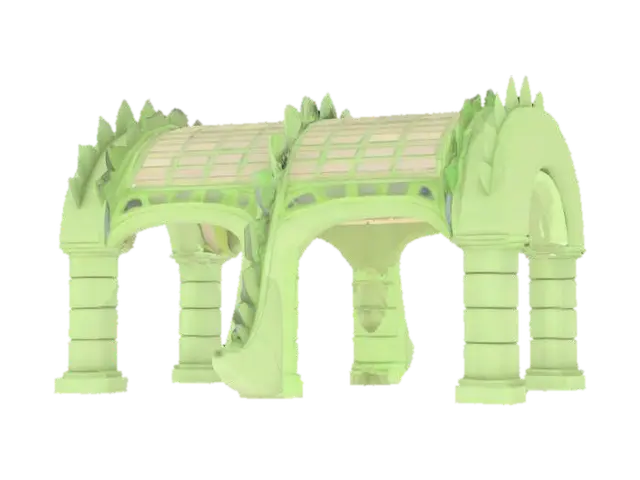 3D model for Object: Architectural archway pavilion shaped like a friendly cartoon dinosaur
Material: Reinforced concrete frame with tinted glass infill panels, anodized aluminum trim
Shape/Form: Single sweeping arch spine (10 m span) echoing a sauropod’s back, evenly spaced “rib” columns, rounded snout entrance, tapering tail cantilever for shade
Color Scheme: Soft pastel-green exterior skin, warm-white interior soffits, sky-blue glass accents on rib gaps
Texture Details: Smooth cast-in-place concrete, subtle panel joints; matte aluminum trim; low-gloss glass surfaces
Style: Cartoon-inspired yet functional architectural structure, low-poly massing with clean planar facets
Reference Models: Structural rhythm similar to Santiago Calatrava’s ribbed designs, but with proportions , #arch#