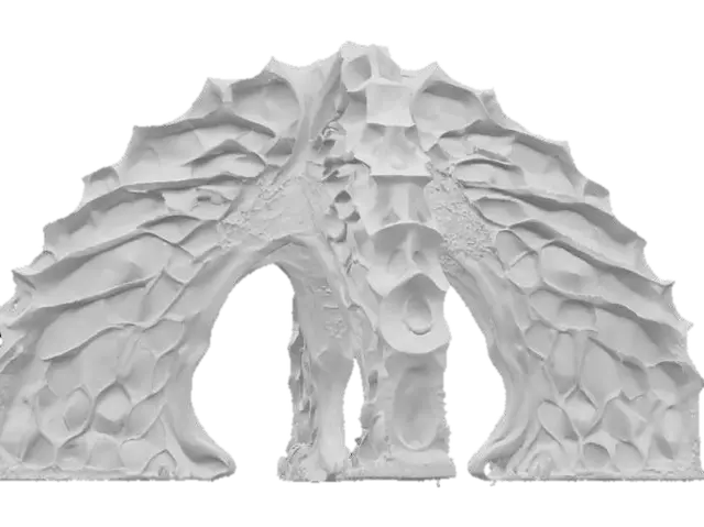 3D model for Object: Colossal bio-architectural archway organism
Material: Bioengineered chitin exoskeleton, mycelium-reinforced cores, photosynthetic glass membranes, vascular hydrogel veins
Shape/Form: 300-meter parabolic span with branching root-like pylons, ribbed vertebrae segments, dorsal respiration vents, tail-cantilever shading pods
Color Scheme: Jade-to-copper gradient outer skin, cyan bioluminescent vein network, sunset-amber membrane highlights
Texture Details: Semi-translucent living surface, subtle gloss, visible pulsing vascular channels, fibrous underside plates
Style: Biopunk realistic, high-poly organic megastructure
Reference Models: Gaudí-inspired flowing masonry, Avatar-style mega-flora, Grimshaw Eden Project biomes, #arch#