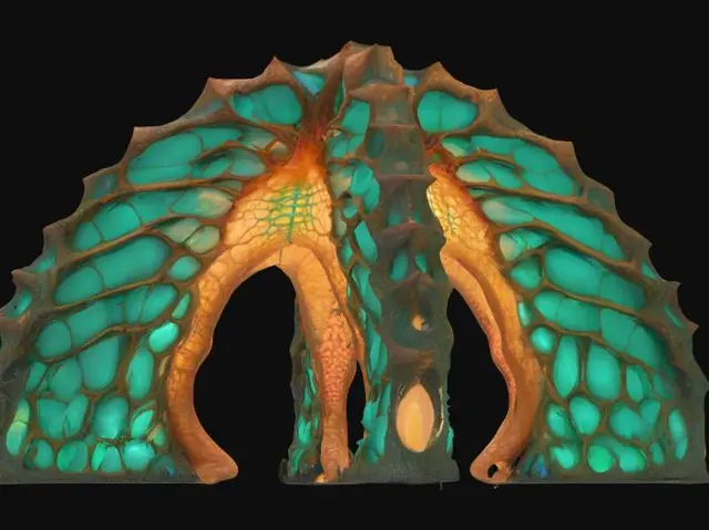 3D model for Object: Colossal bio-architectural archway organism
Material: Bioengineered chitin exoskeleton, mycelium-reinforced cores, photosynthetic glass membranes, vascular hydrogel veins
Shape/Form: 300-meter parabolic span with branching root-like pylons, ribbed vertebrae segments, dorsal respiration vents, tail-cantilever shading pods
Color Scheme: Jade-to-copper gradient outer skin, cyan bioluminescent vein network, sunset-amber membrane highlights
Texture Details: Semi-translucent living surface, subtle gloss, visible pulsing vascular channels, fibrous underside plates
Style: Biopunk realistic, high-poly organic megastructure
Reference Models: Gaudí-inspired flowing masonry, Avatar-style mega-flora, Grimshaw Eden Project biomes, #arch#