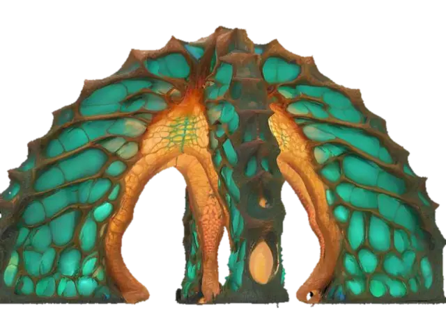 3D model for Object: Colossal bio-architectural archway organism
Material: Bioengineered chitin exoskeleton, mycelium-reinforced cores, photosynthetic glass membranes, vascular hydrogel veins
Shape/Form: 300-meter parabolic span with branching root-like pylons, ribbed vertebrae segments, dorsal respiration vents, tail-cantilever shading pods
Color Scheme: Jade-to-copper gradient outer skin, cyan bioluminescent vein network, sunset-amber membrane highlights
Texture Details: Semi-translucent living surface, subtle gloss, visible pulsing vascular channels, fibrous underside plates
Style: Biopunk realistic, high-poly organic megastructure
Reference Models: Gaudí-inspired flowing masonry, Avatar-style mega-flora, Grimshaw Eden Project biomes, #arch#