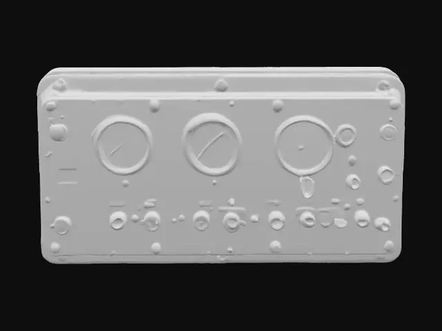 3D model for object: Industrial Wall-Mounted Control Panel
material: Brushed aluminum housing with rubberized knobs and glass-covered gauges
shape_form: Rectangular box with extruded control dials, toggle switches, and warning lights
color_scheme: Steel gray base, black knobs, red and amber indicator lights, light rust around panel edges
texture_details: Subtle brushed metal texture, smudged glass surfaces, grime buildup in crevices, rubber grip ridges on knobs
style: PBR
environment_use_context: Sci-fi spaceship engine room or factory control bay
reference_models:
  - "Alien: Isolation control units"
  - "Half-Life 2 industrial panel"
, #PBR#