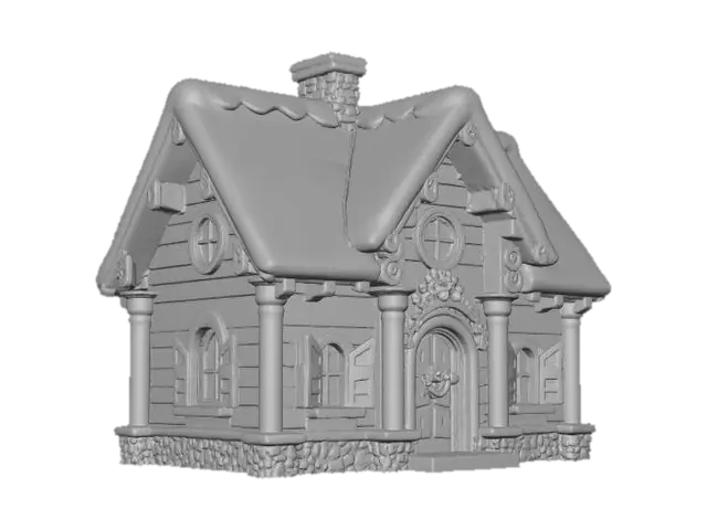 3D model for {"Object":"Santa's house exterior","Material":"walls made of red wooden planks, roof made of snow-covered shingles, trim made of white carved wood, chimney made of stone, columns made of candy-canes","Shape/Form":"tall A-frame cabin with side wing, steep roof, big stone chimney, rounded entry porch","Color Scheme":"red walls, white snow and trim, green doors and shutters, warm yellow windows","Texture Details":"wood grain, carved trim grooves, rough stone blocks, soft piled snow, glossy candy stripes","Style":"PBR stylized realism for games","Environment/Use Context":"set on flat snowy ground, faint aurora sky, no extra props","Reference Models":"search Santa house 3D model"}, #Christmas2025#