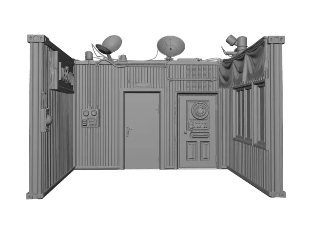 3D model for cyberpunk slum home; rusted corrugated metal walls (oxidation stains, dents), cracked concrete floor (moss patches, dirt), weathered wooden door (peeling blue paint), dented metal door (scratches, worn keypad buttons), neon sign (red/purple glow, flickering emission), broken glass windows (jagged edges), green tarpaulin (frayed, worn fabric), rooftop clutter (rusted satellite dishes, damp wooden planks), exposed electrical wiring (damaged insulation, sparking effect). HDR lighting optimized.