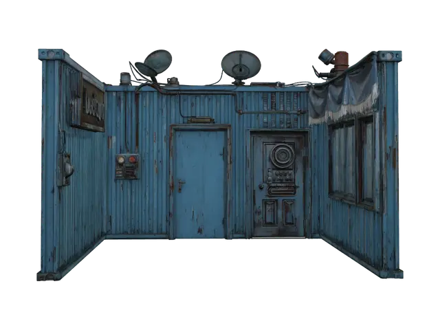 3D model for cyberpunk slum home; rusted corrugated metal walls (oxidation stains, dents), cracked concrete floor (moss patches, dirt), weathered wooden door (peeling blue paint), dented metal door (scratches, worn keypad buttons), neon sign (red/purple glow, flickering emission), broken glass windows (jagged edges), green tarpaulin (frayed, worn fabric), rooftop clutter (rusted satellite dishes, damp wooden planks), exposed electrical wiring (damaged insulation, sparking effect). HDR lighting optimized.