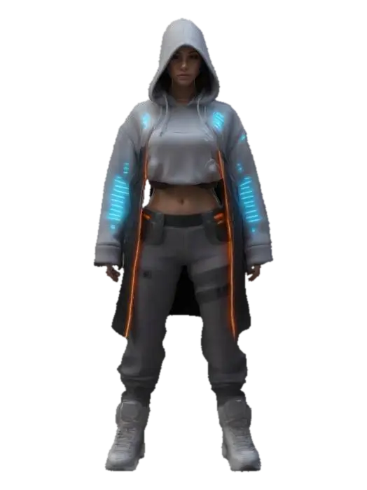 Subject: Strong, confident female character in her early 20s, standing in an… - Streetwear 3D model, vytvořený pomocí AI