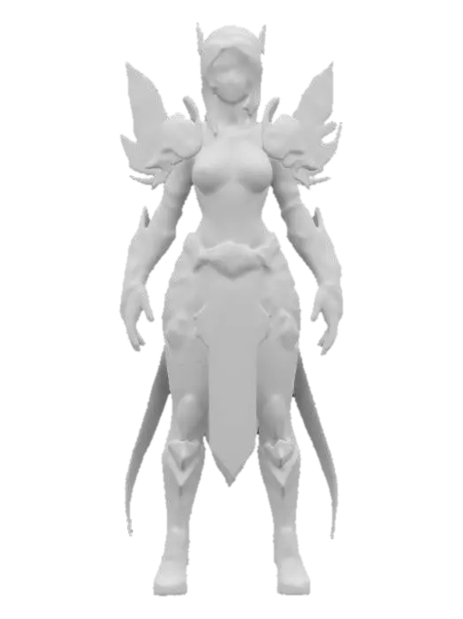 3D model for Subject: Female Protagonist, futuristic and magical design. Style: Fusion of high-tech fashion with elegant fantasy elements, intricate patterns, high-tech armor, and mystical aesthetics. Material: Reinforced nanofiber, enchanted runes, lightweight enchanted metals, and PBR textures for depth.