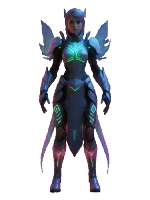3D model for Subject: Female Protagonist, futuristic and magical design. Style: Fusion of high-tech fashion with elegant fantasy elements, intricate patterns, high-tech armor, and mystical aesthetics. Material: Reinforced nanofiber, enchanted runes, lightweight enchanted metals, and PBR textures for depth.