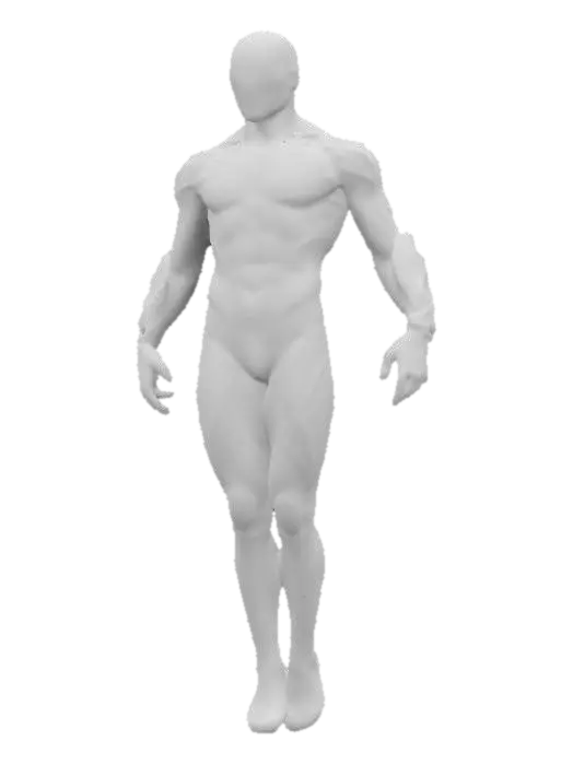 3D model for "A futuristic netrunner with a sleek, athletic build, posed dynamically as if preparing to jack into cyberspace. She stands with one foot slightly forward, weight shifted onto her back leg, exuding agility and readiness. Her cybernetic-enhanced arms are positioned gracefully, one slightly raised as if controlling an invisible interface, the other resting near her side. Her spine is slightly arched, accentuating her ghostly speed and precision. She wears a form-fitting black bodysuit
