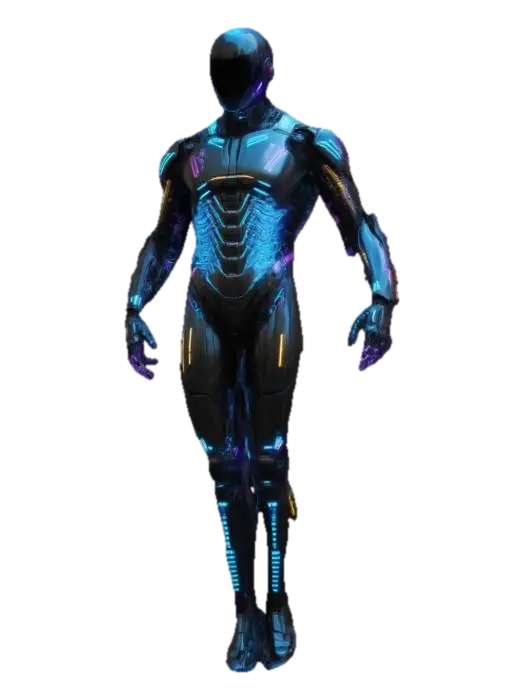 3D model for "A futuristic netrunner with a sleek, athletic build, posed dynamically as if preparing to jack into cyberspace. She stands with one foot slightly forward, weight shifted onto her back leg, exuding agility and readiness. Her cybernetic-enhanced arms are positioned gracefully, one slightly raised as if controlling an invisible interface, the other resting near her side. Her spine is slightly arched, accentuating her ghostly speed and precision. She wears a form-fitting black bodysuit