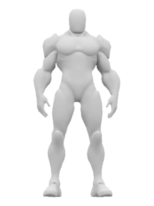 3D model for A futuristic faceless cyberpunk superhero AI with a sleek, armored exoskeleton. The body is composed of glowing neon circuits integrated into black metallic plating. The superhero wears a high-tech full body suit with holographic patterns shifting dynamically. The arms and legs have reinforced cybernetic enhancements, featuring intricate mechanical joints and plasma energy emitters. The overall stance is dynamic, exuding power and mystery, with subtle light reflections on the metallic surfaces. 