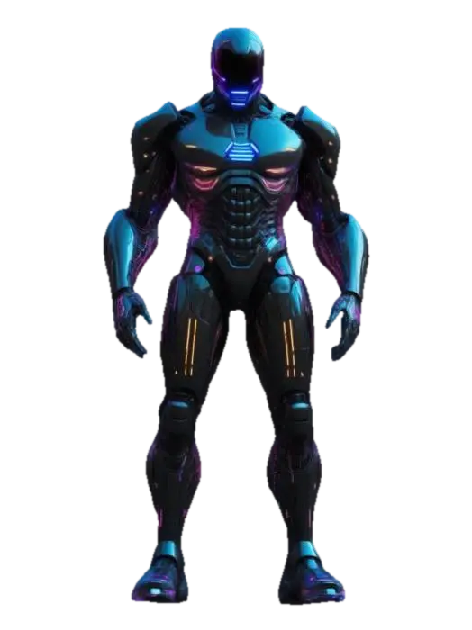 3D model for A futuristic faceless cyberpunk superhero AI with a sleek, armored exoskeleton. The body is composed of glowing neon circuits integrated into black metallic plating. The superhero wears a high-tech full body suit with holographic patterns shifting dynamically. The arms and legs have reinforced cybernetic enhancements, featuring intricate mechanical joints and plasma energy emitters. The overall stance is dynamic, exuding power and mystery, with subtle light reflections on the metallic surfaces. 
