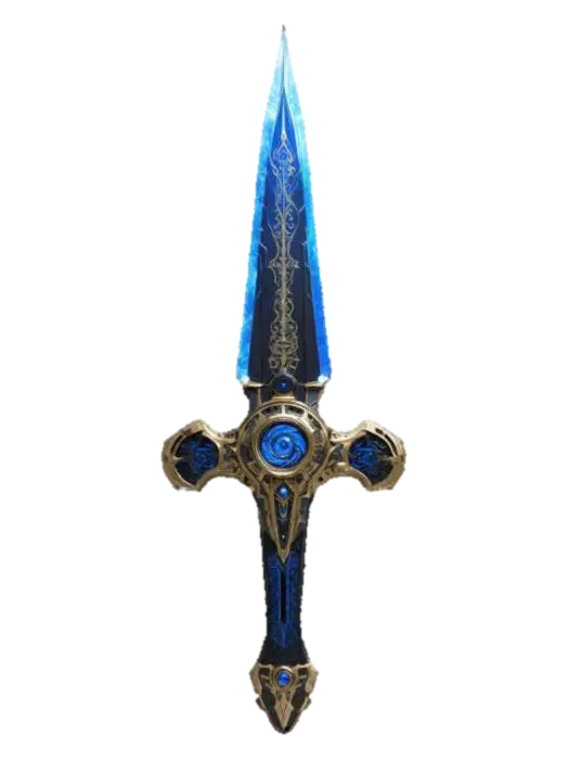 3D model for "A futuristic ChronoForge sword with a sleek, high-tech design. The blade is made of translucent crystalline metal with a glowing blue energy core pulsing through intricate engravings. The hilt is crafted from black carbon-fiber with gold circuitry inlays, and an embedded time-shift mechanism emitting a faint luminescent aura. The pommel features a rotating chrono-dial with an animated clockwork mechanism. , #ChronoForgeWeapon#