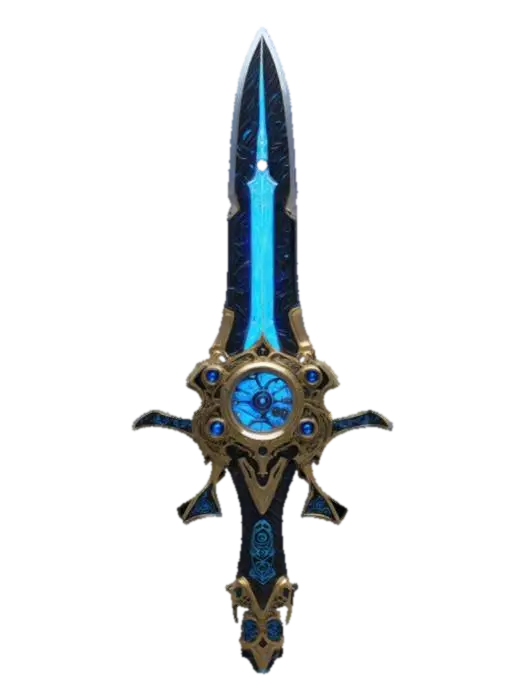 3D model for "A futuristic ChronoForge sword with a sleek, high-tech design. The blade is made of translucent crystalline metal with a glowing blue energy core pulsing through intricate engravings. The hilt is crafted from black carbon-fiber with gold circuitry inlays, and an embedded time-shift mechanism emitting a faint luminescent aura. The pommel features a rotating chrono-dial with an animated clockwork mechanism. , #ChronoForgeWeapon#