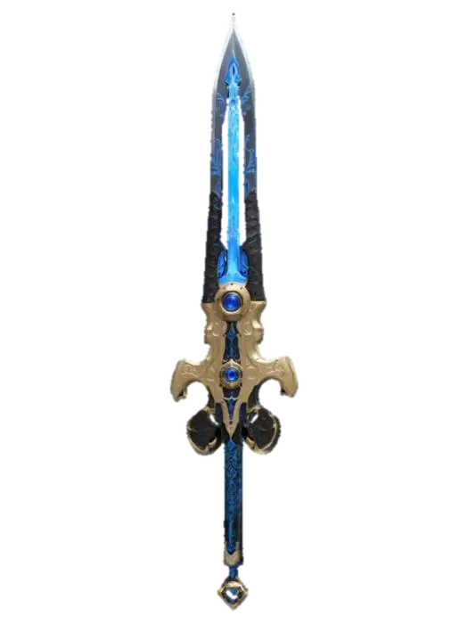 3D model for "A futuristic ChronoForge sword with a sleek, high-tech design. The blade is made of translucent crystalline metal with a glowing blue energy core pulsing through intricate engravings. The hilt is crafted from black carbon-fiber with gold circuitry inlays, and an embedded time-shift mechanism emitting a faint luminescent aura. The pommel features a rotating chrono-dial with an animated clockwork mechanism. , #ChronoForgeWeapon#