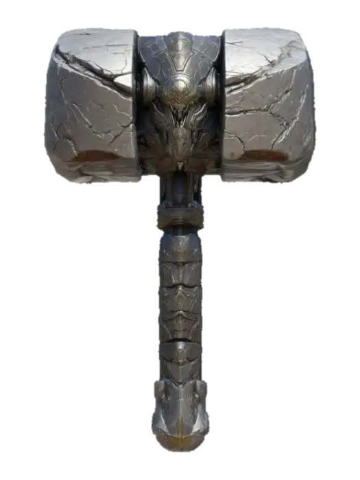 A gigantic warhammer, its head sculpted from the remains of Mount Othrys, where… 3D model, vytvořený pomocí AI