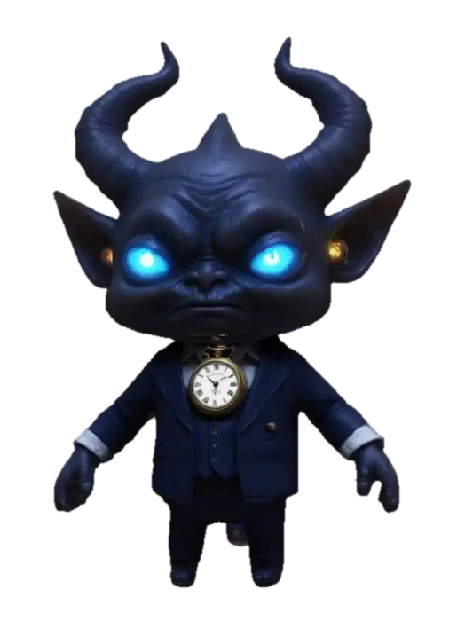 "A chibi-sized, floating IRS demon in a miniature tailored suit with a glowing… - Judgment 3D model, vytvořený pomocí AI