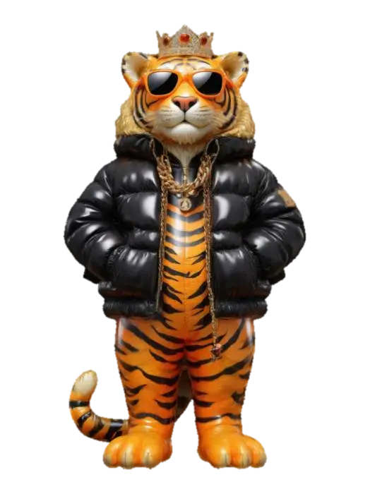 "A dripped-out tiger standing confidently, wearing a black puffy jacket with a… - Sunglasses 3D model, vytvořený pomocí AI