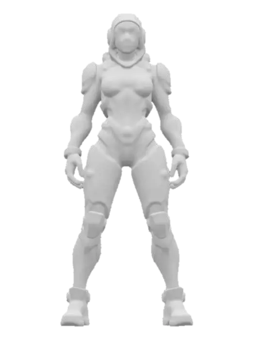3D model for Cyberpunk Female Operative: A highly detailed cyberpunk woman with sleek cybernetic implants, neon-lit facial augments, and a tactical bodysuit made of synthetic leather and carbon fiber. Her glowing blue eyes scan the cityscape, while a holographic interface projects from her gauntlet. Metallic circuitry weaves through her exposed biomechanical limbs, blending gritty realism with futuristic design.